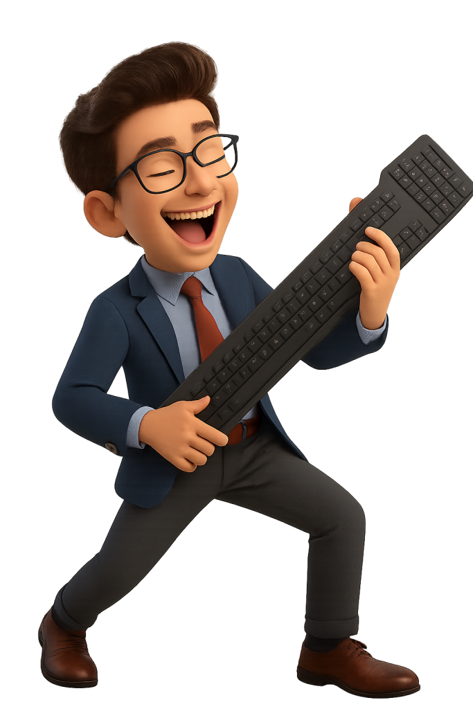 An image of a young male office worker trying to play a computer keyboard like a guitar, clearly thinking he is a rock star.