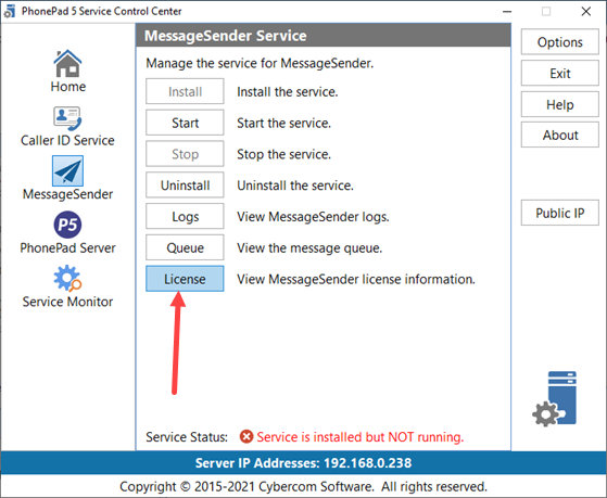 Control Center MessageSender Licence Button